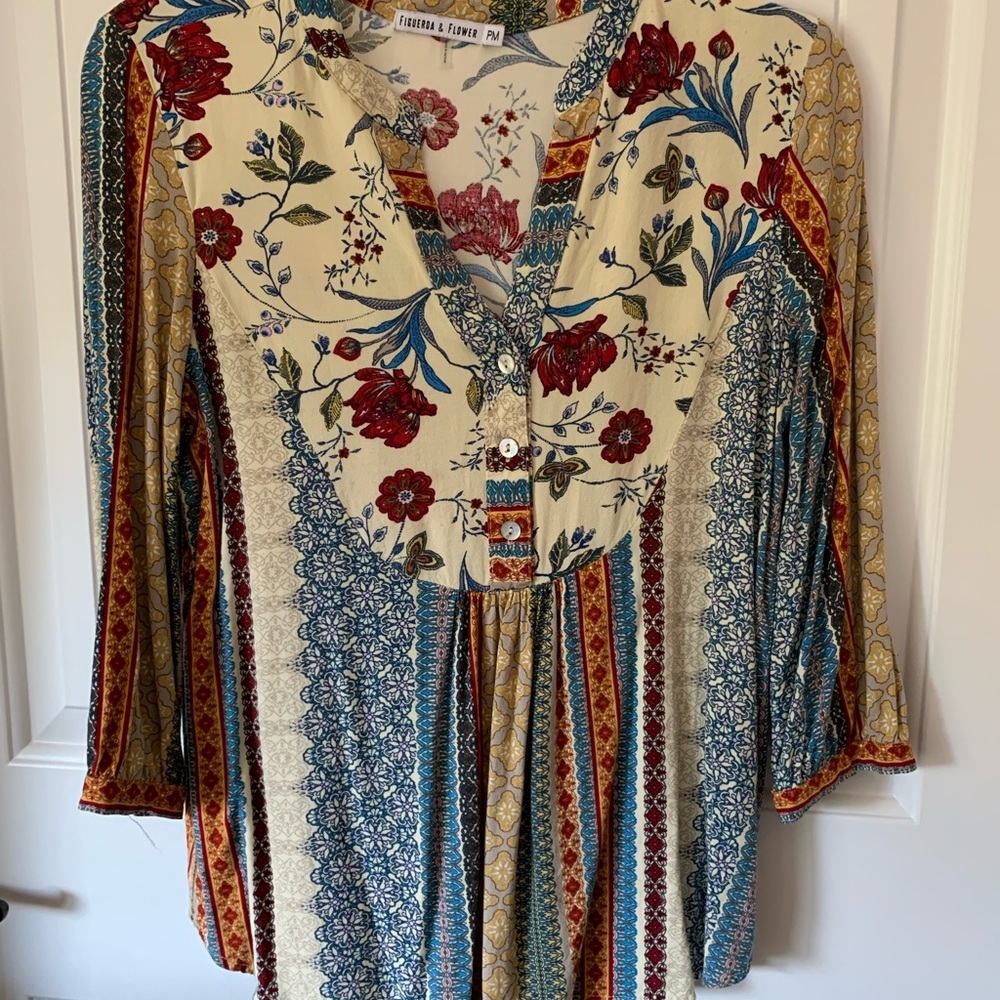 Figueroa & Flower Floral Blouse - Red, Blue, Cream boho tunic peasant button MP